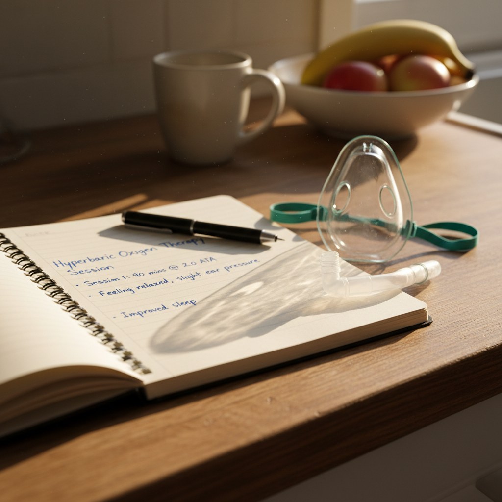 Handwritten HBOT session notes alongside an oxygen mask on a kitchen counter